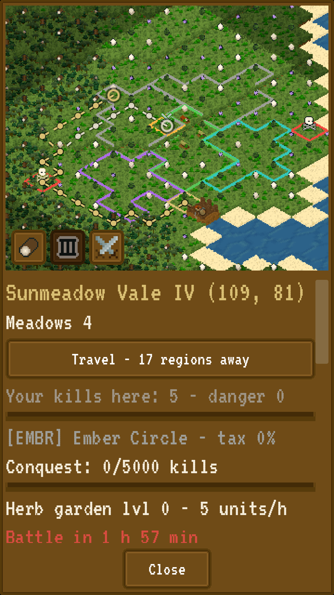 The territory map: guild borders, buildings and a route across them